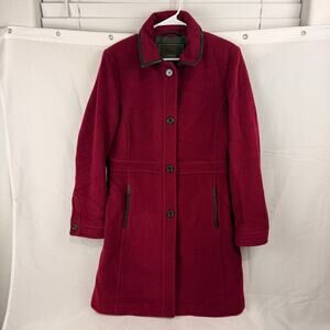 Coach Women’s Burgundy Wool Coat Leather Trim | Long Button Front | NWOT Size L